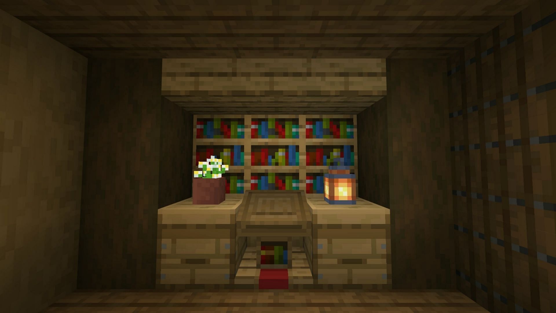 Players can decorate their Minecraft base interior by creating a custom bookshelf area (Image via Reddit/u/MercifulTiger21)