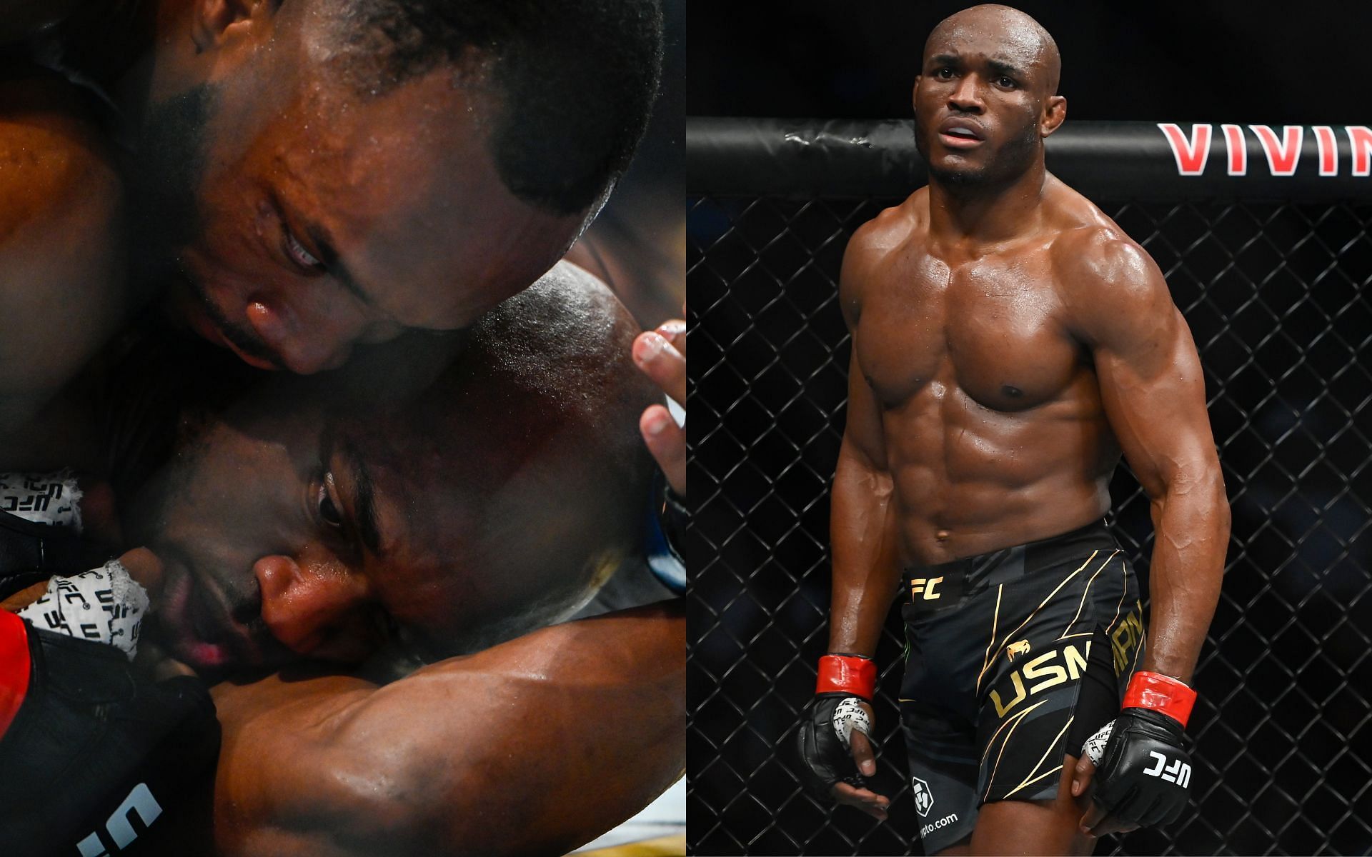 Edwards attempts a submission after taking Usman down (left); Kamaru Usman (right)