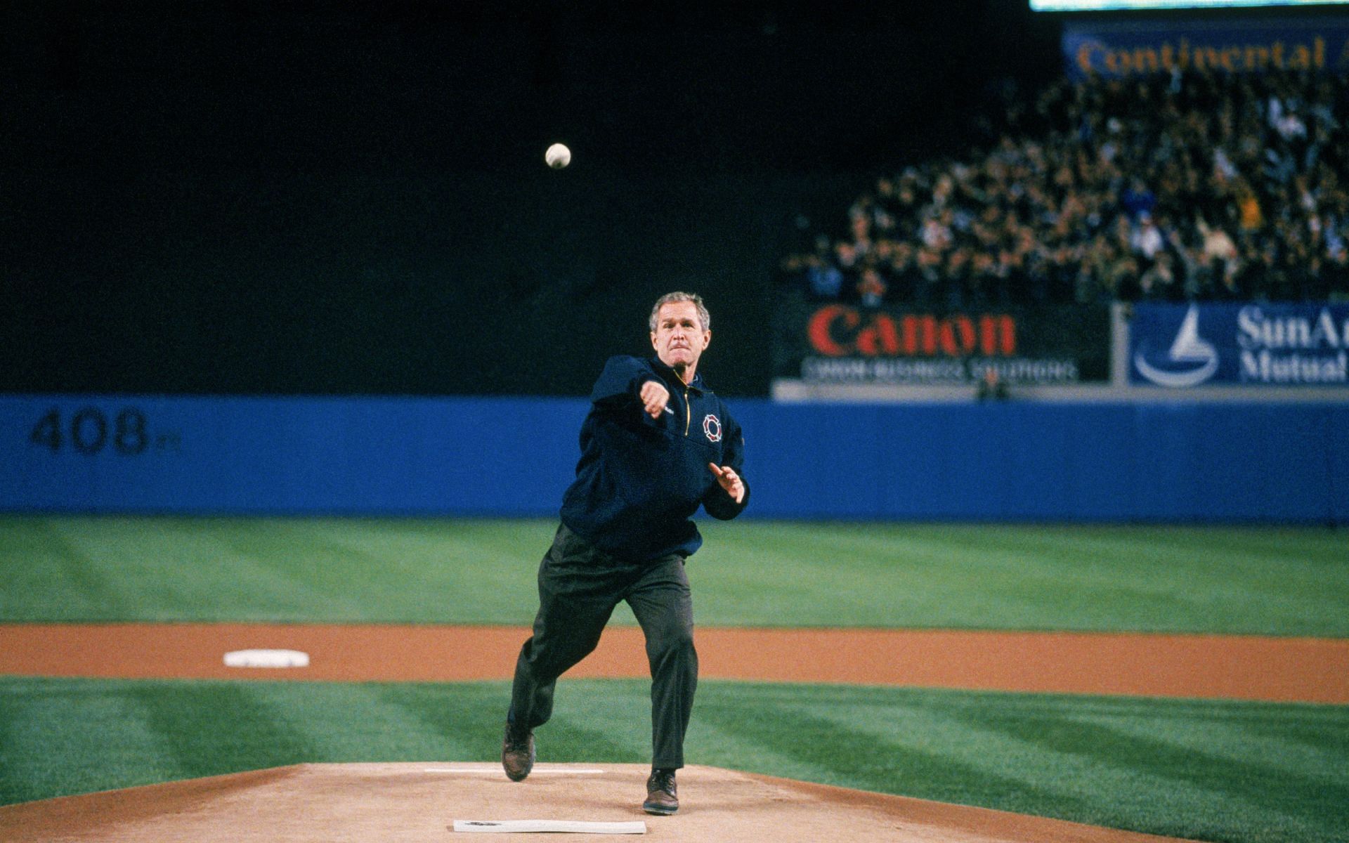 George W. Bush threw a perfect ceremonial pitch before Game 3 of the World Series in New York [Credits: 911memorial.org]