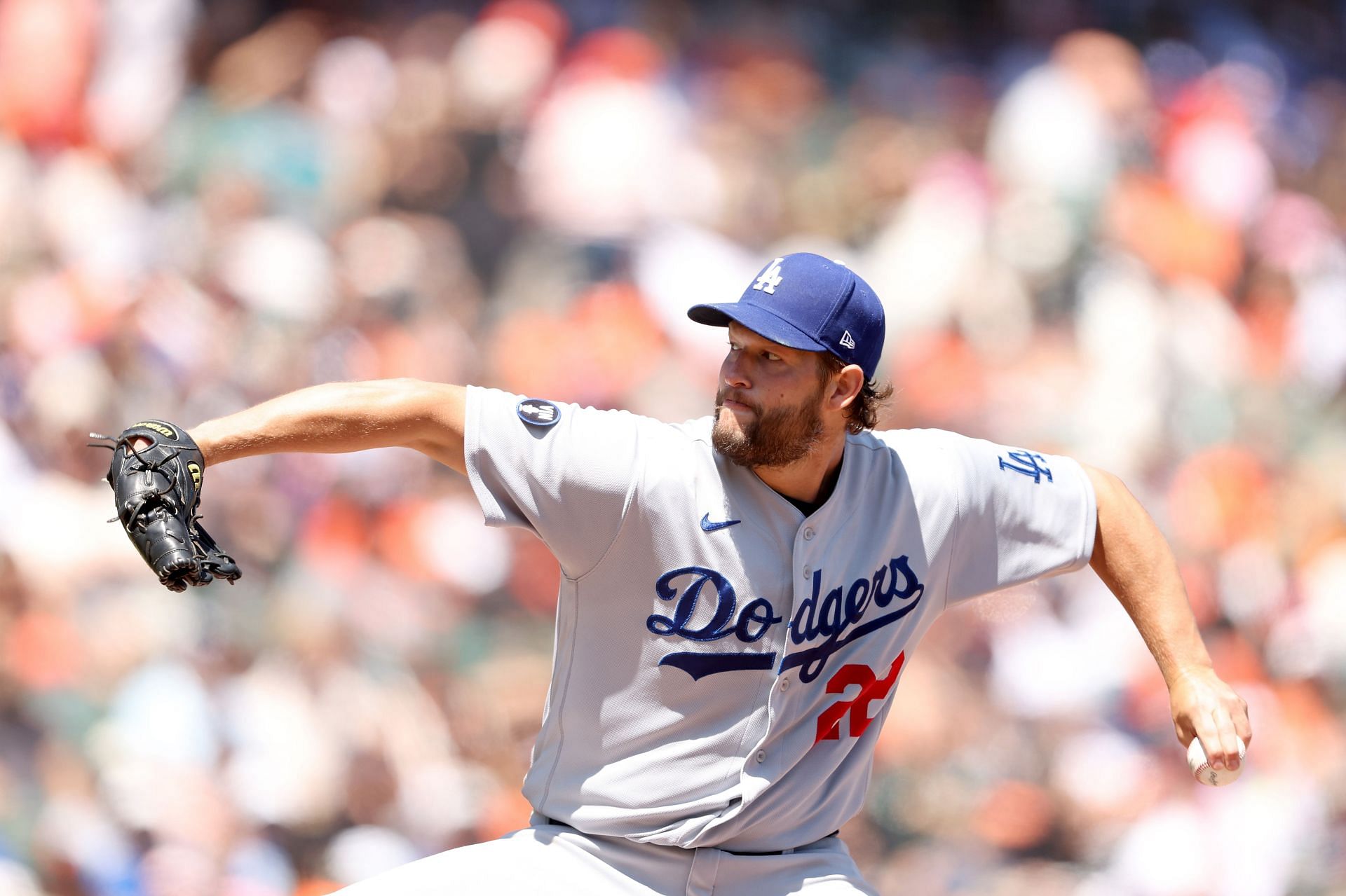 Clayton Kershaw #22 of the Los Angeles Dodgers pitches against the San Francisco Giants