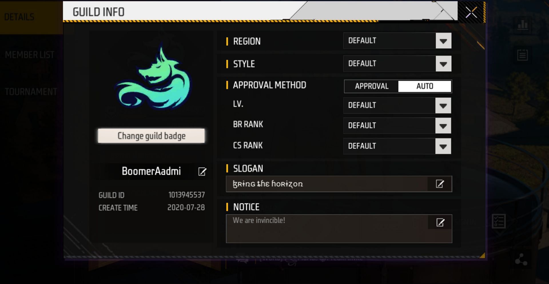 Click on the edit option besides the existing guild name (Image via Garena)