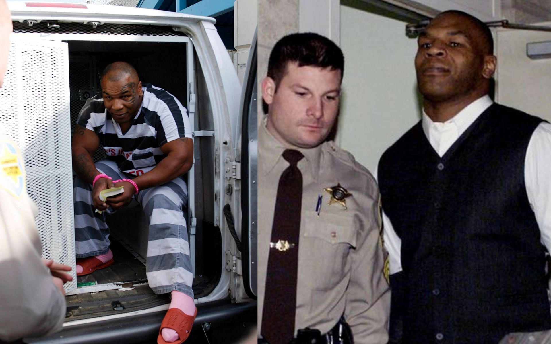 Mike Tyson gets an extra year in prison (left); Mike Tyson on his was to prison (right)