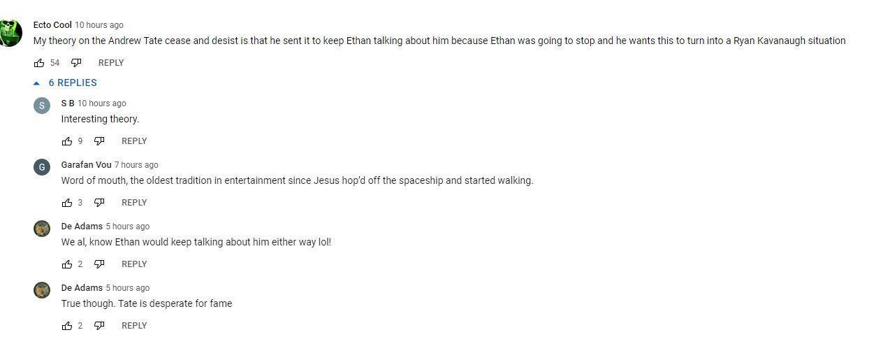 Tate was also brought up in the comments section, and several users had their opinions (Image via YouTube)