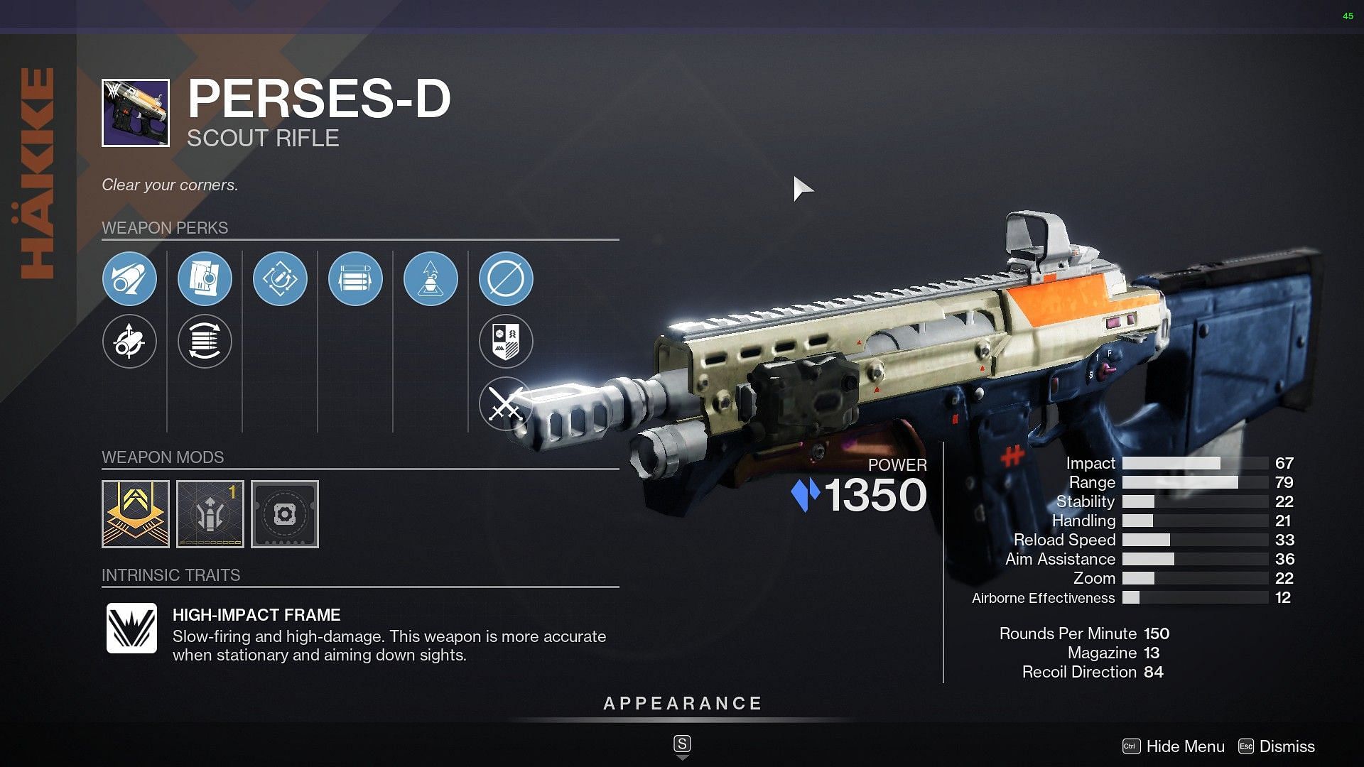 Perses-D Scout Rifle for sale on Banshee this week (Image via Destiny 2)