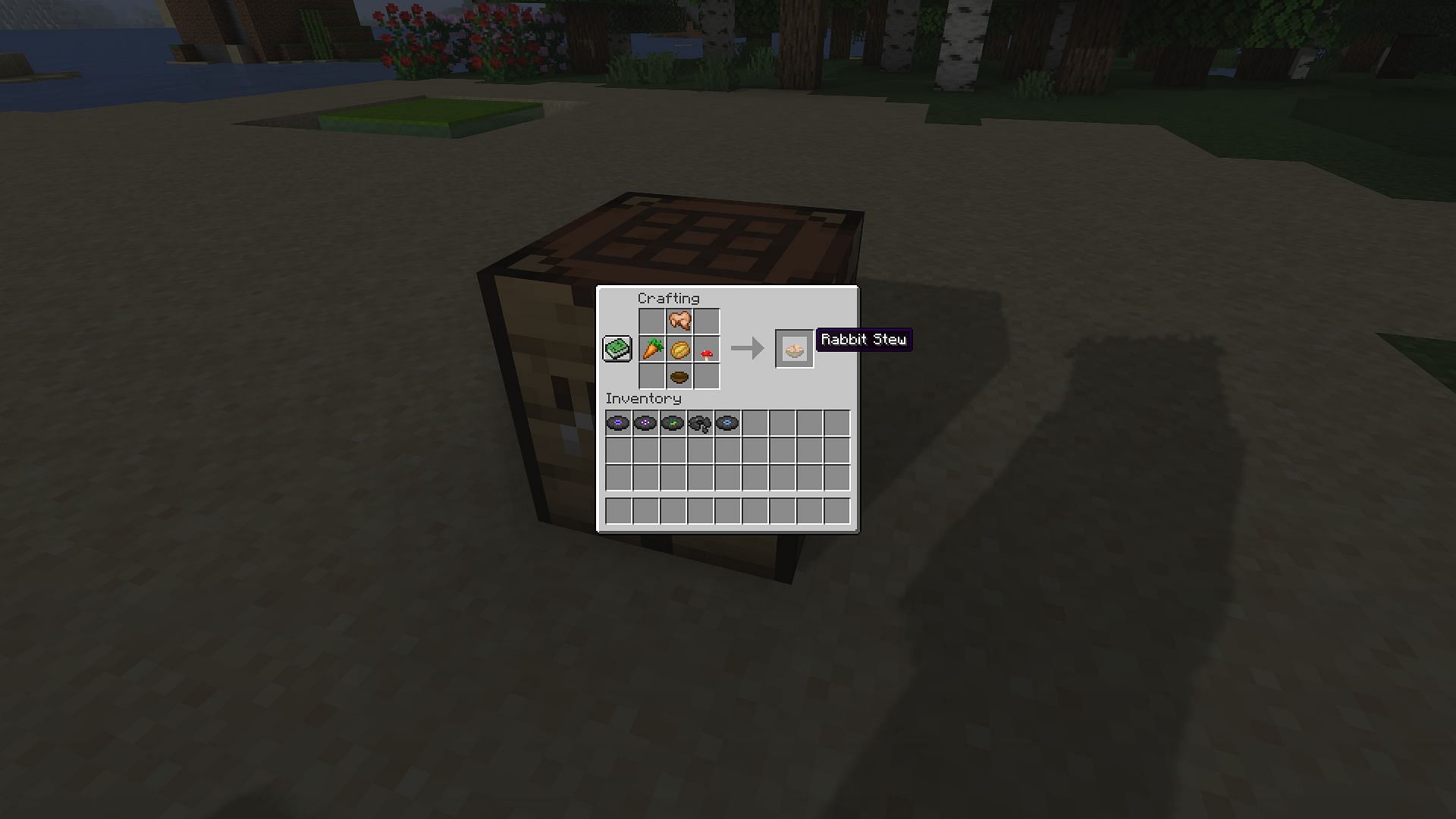 The crafting recipe for rabbit stew (Image via Minecraft)