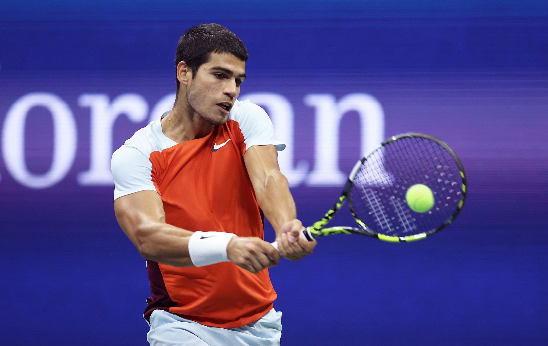 Carlos Alcaraz in action against Jannik Sinner at the 2022 US Open - Day 10