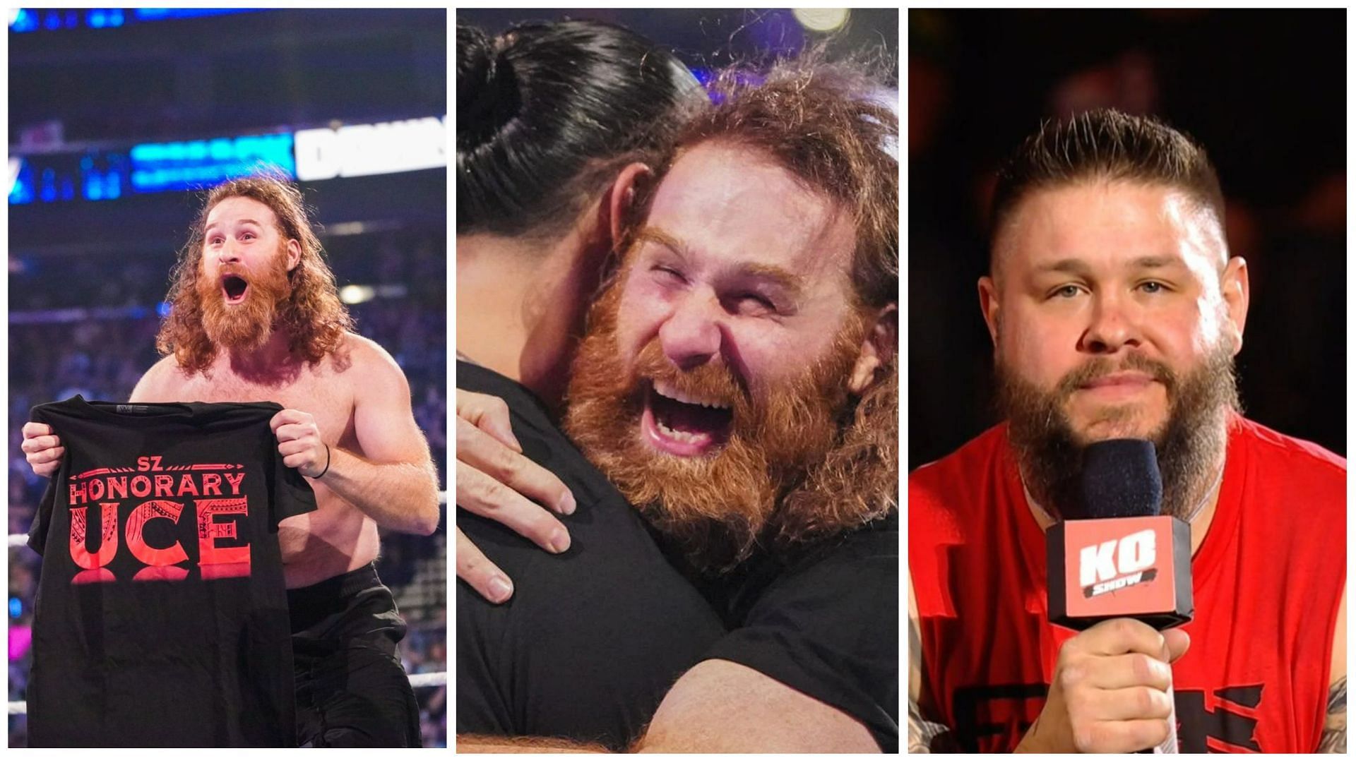 Sami Zayn on WWE SmackDown (L); Zayn hugs Roman Reigns (C); Kevin Owens (R)