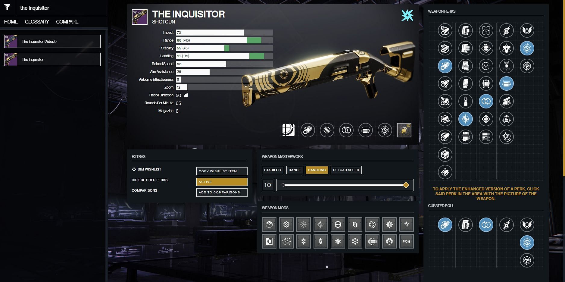 Destiny 2 PvP god roll for The Inquisitor (Image via D2Gunsmith)