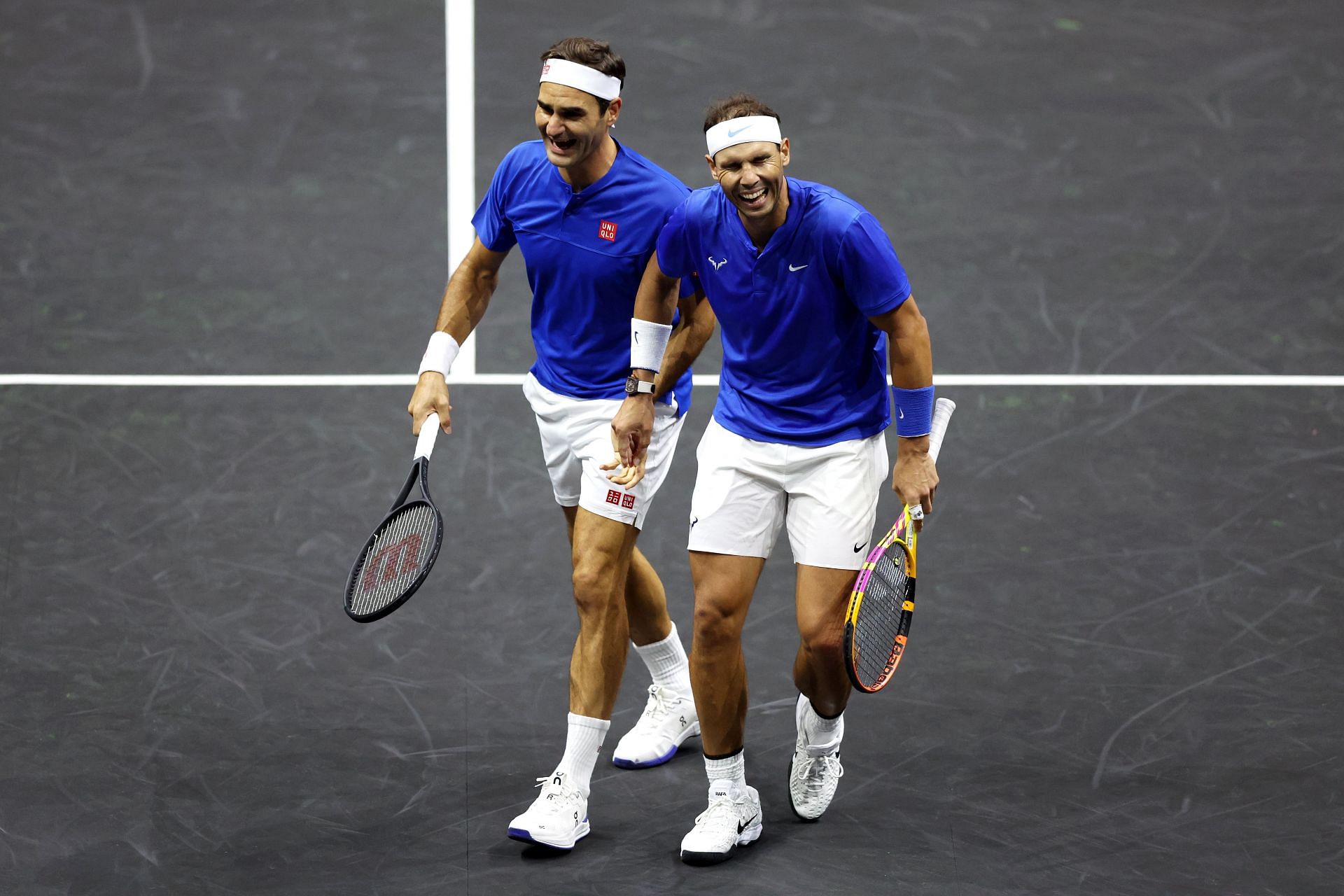 Roger Federer with Rafael Nadal for Team Europe. Photo by Luke Walker/Getty Images for Laver Cup
