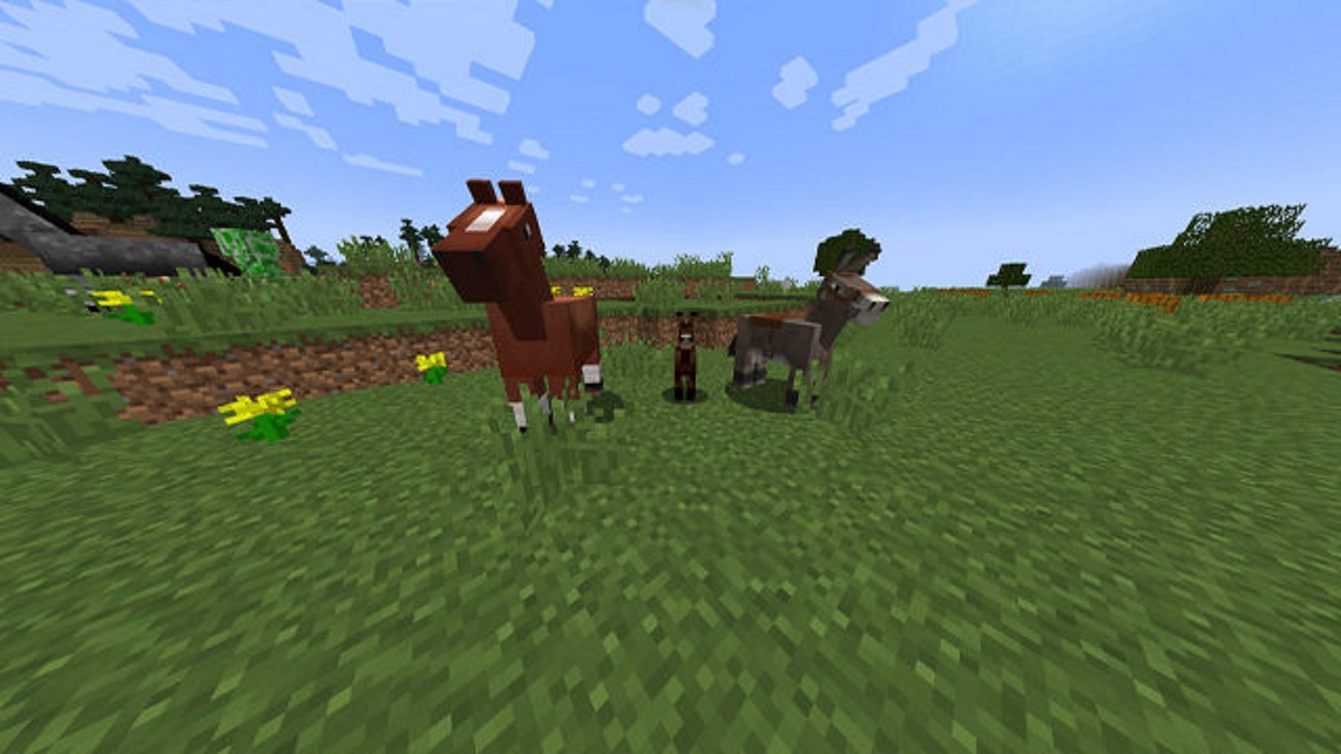 A horse, mule, and donkey in Minecraft (Image via Mojang)