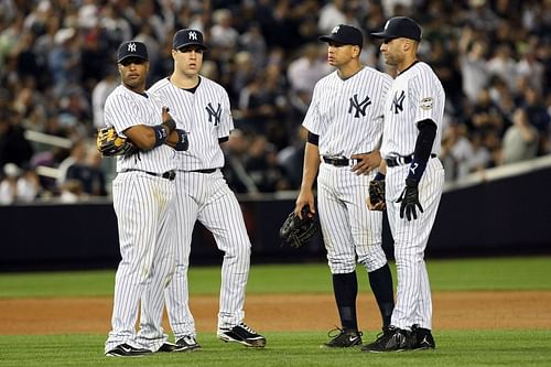 Robinson Cano, Mark Teixeira, Alex Rodriguez and Derek Jeter of the New York Yankees in 2009.