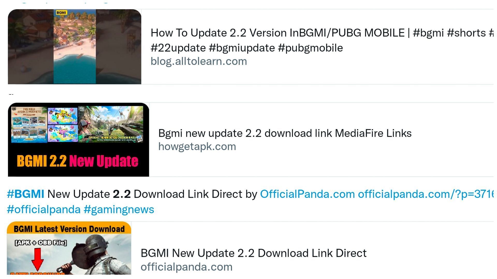 One can find various fake download links for the 2.2 APK and OBB files with one click (Image via Twitter)