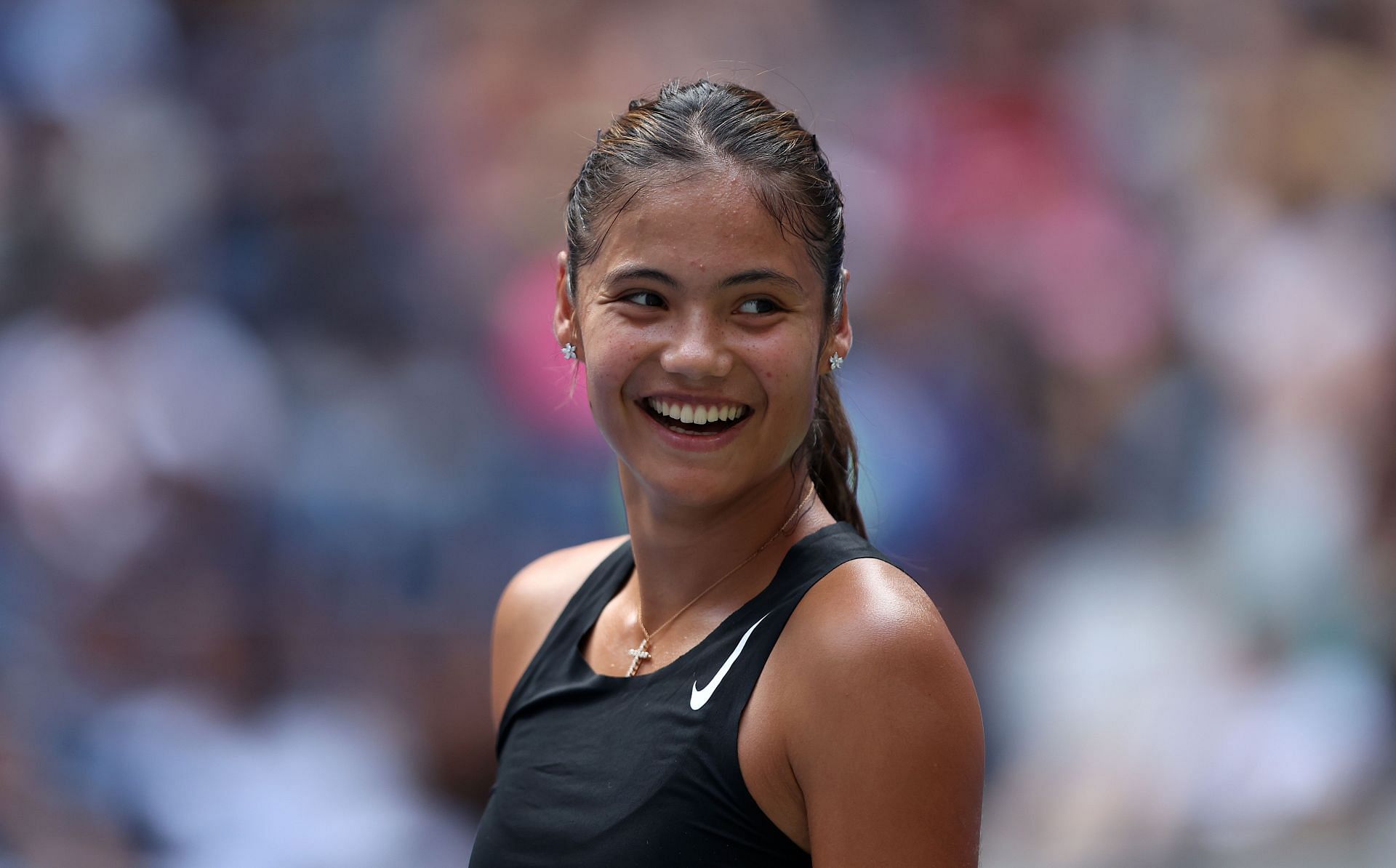 Emma Raducanu of Great Britain looks on in a practice session during the 2022 US Open - Previews