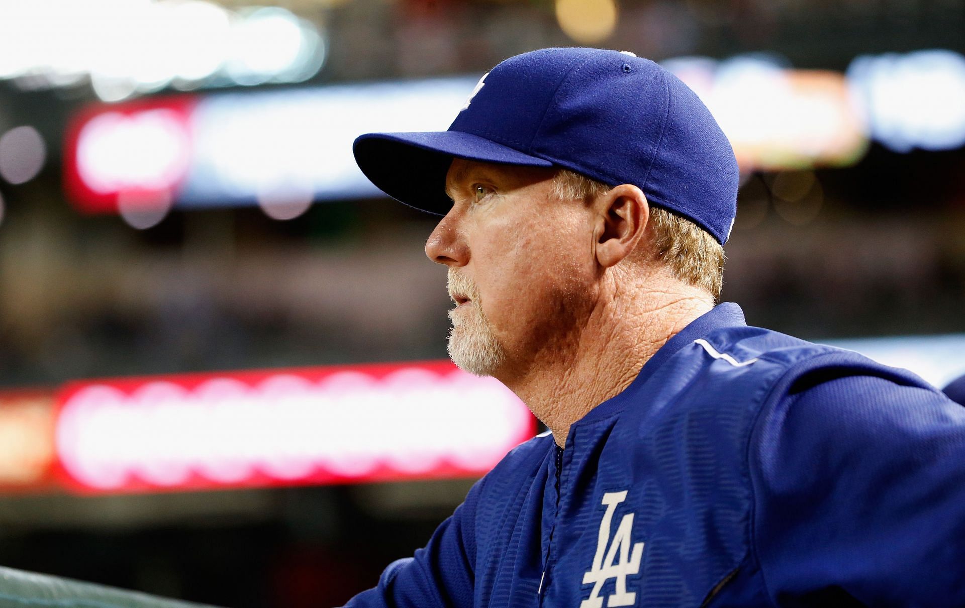 McGwire, coaching the Los Angeles Dodgers in a game against the Arizona Diamondbacks