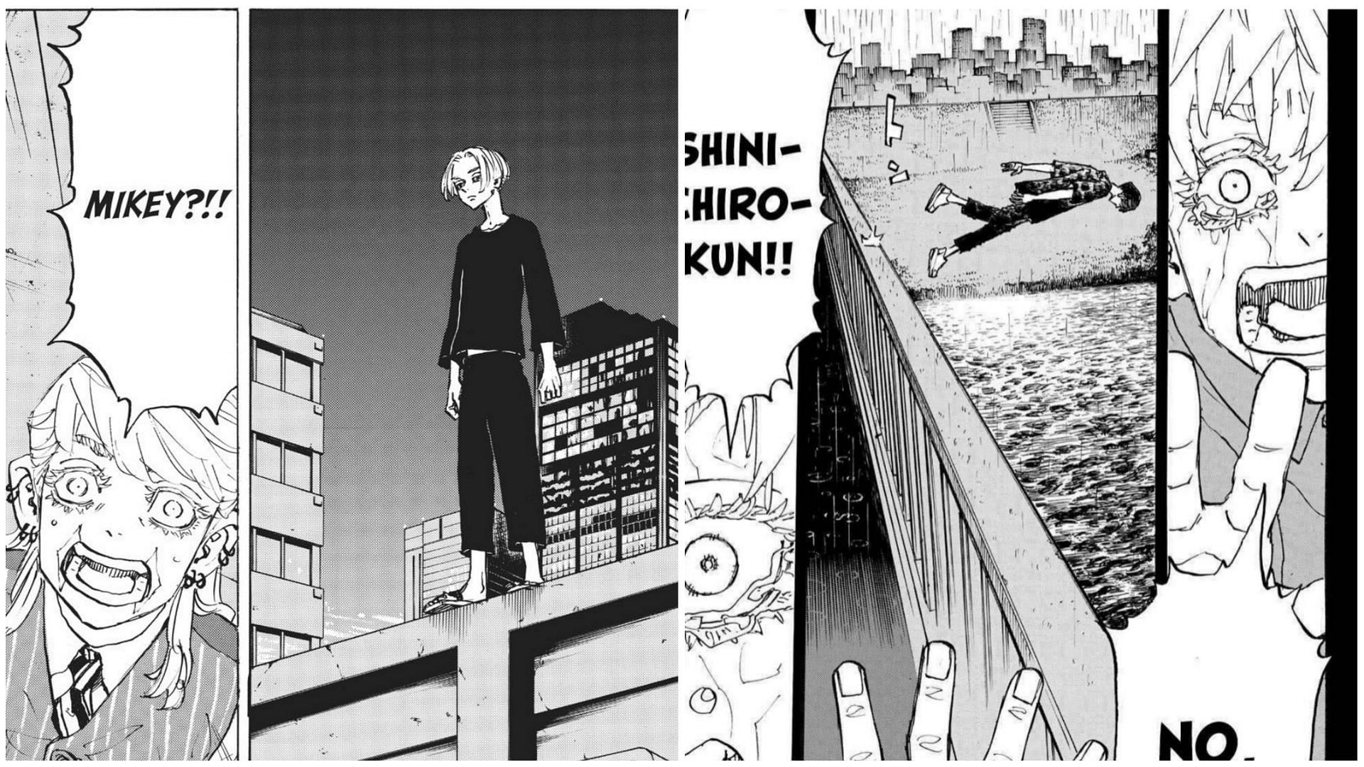 Haruchiyo witnessing Mikey and Shinichiro&#039;s death in two different timelines (Image via Ken Wakui/Shueisha)