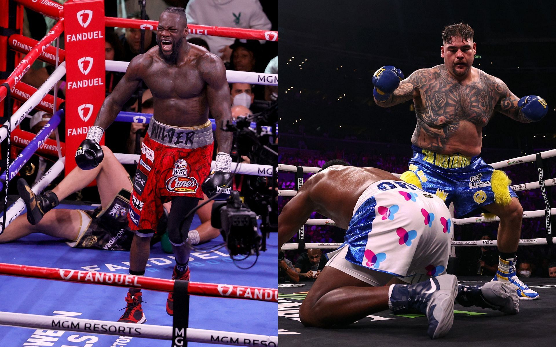 Deontay Wilder (left) and Andy Ruiz Jr. knocking down Luis Ortiz (right) (Image credits Getty Images)