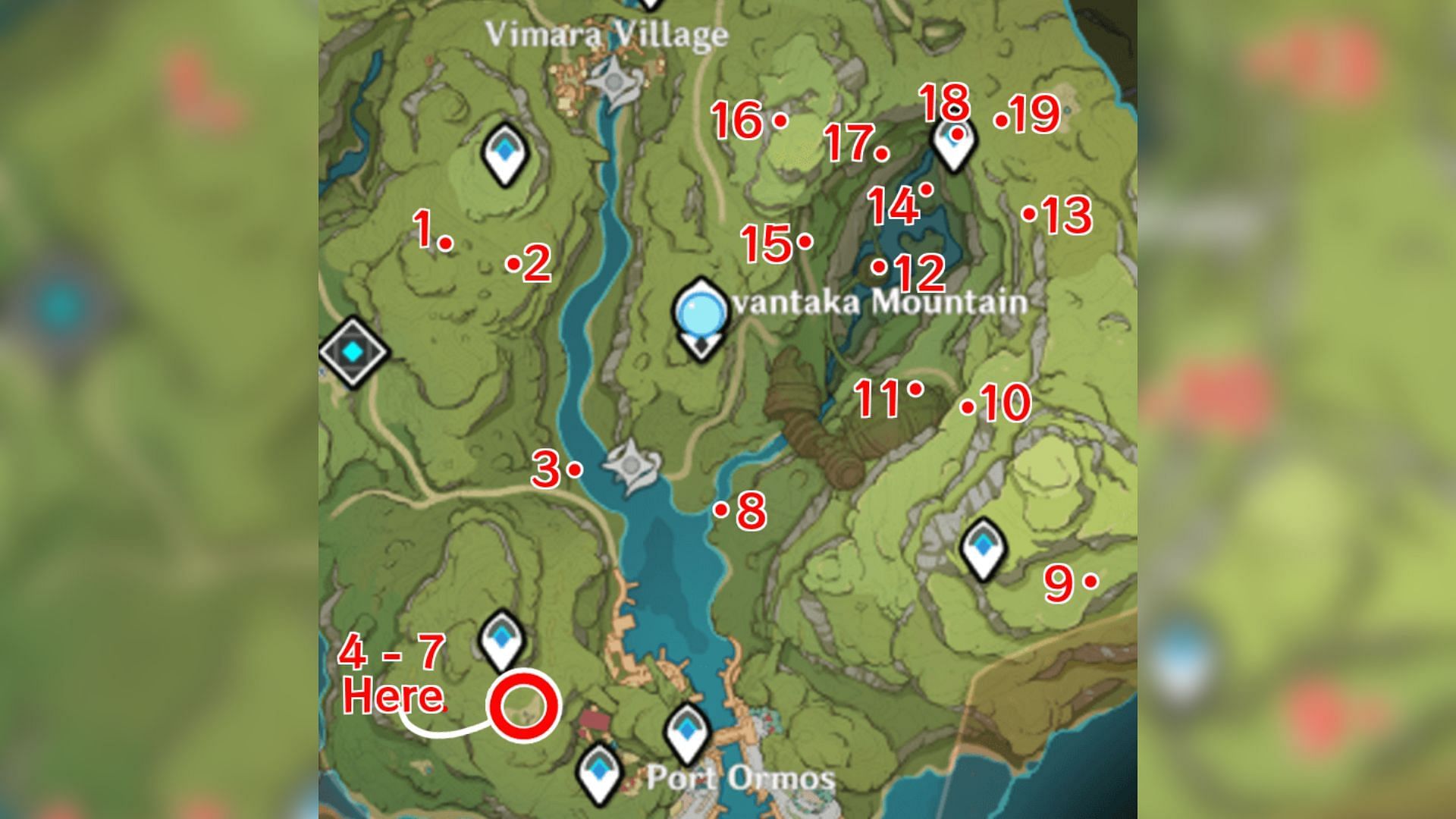 Location of all 19 Lost Energy Blocks in Devantaka Mountains (Image via Genshin Impact)