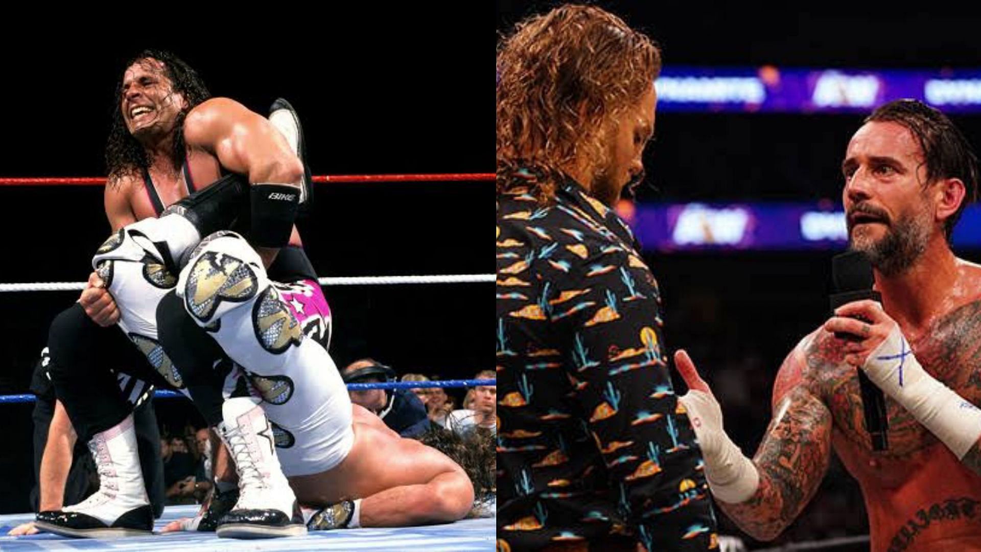 Bret Hart and Shawn Michaels (L); CM Punk and Hangman Page (R).