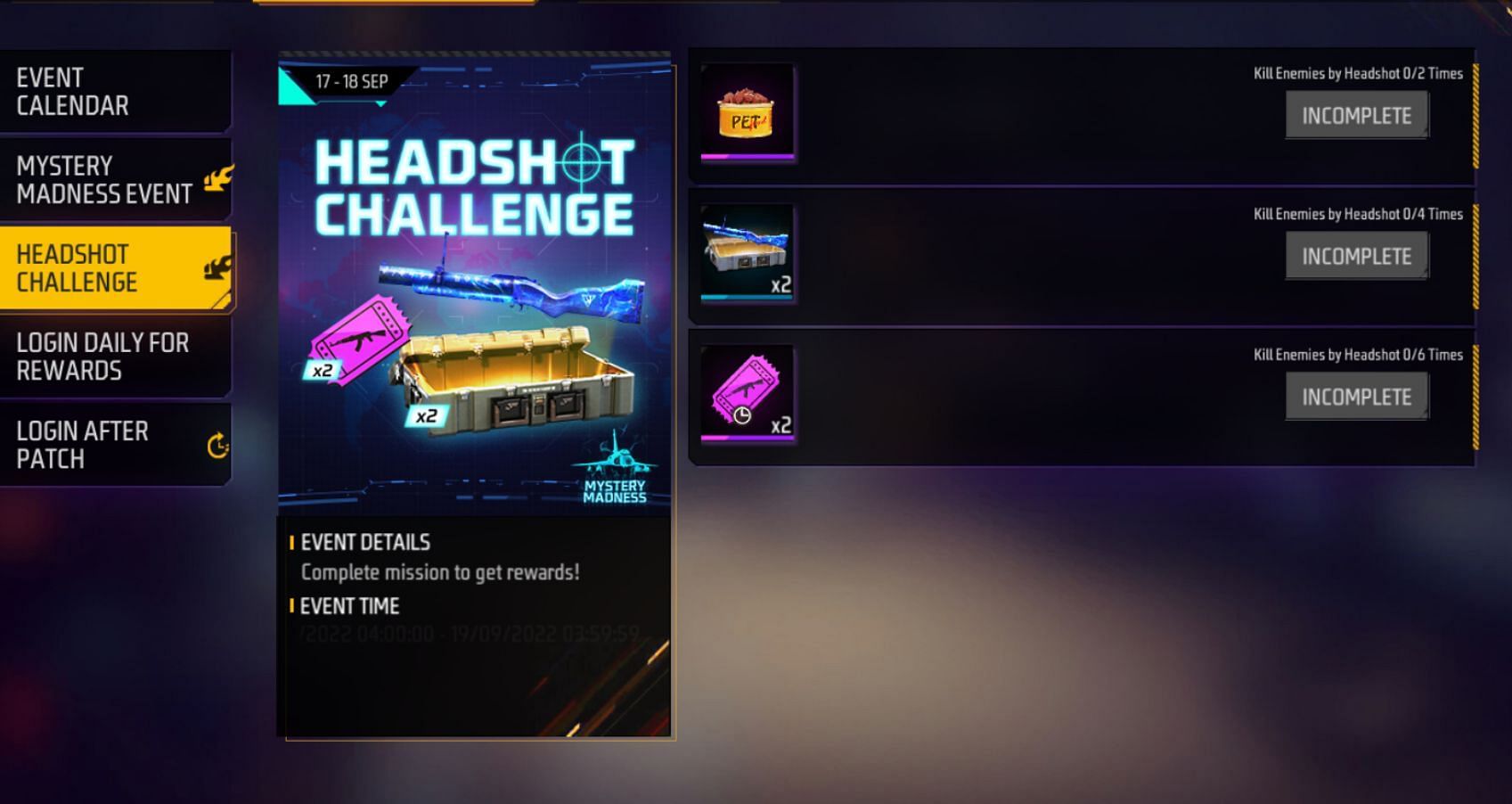 Headshot Challenge became available in Free Fire MAX on 17 September at 4:00 am (IST) {Image via Garena}