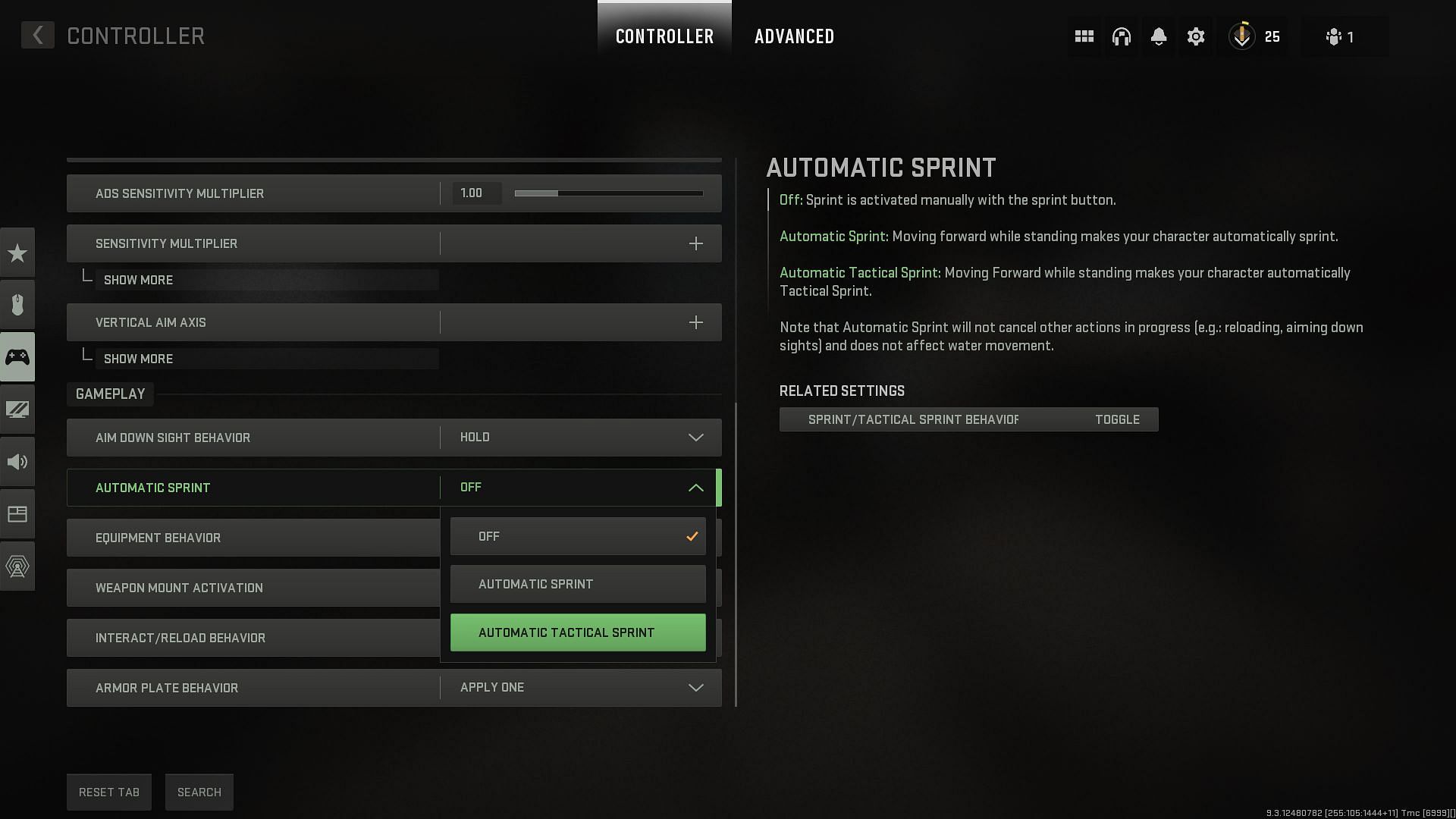 Modern Warfare 2 controller tactical sprint settings (Image via Sportskeeda)