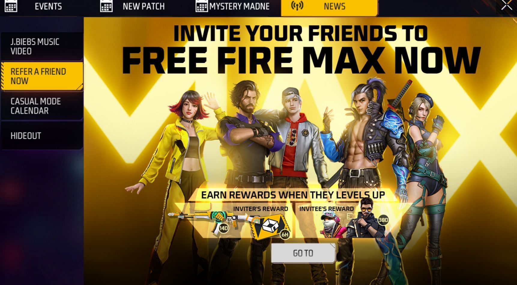 Os jogadores podem ganhar prêmios indicando/convidando seus amigos novatos no Free Fire MAX (Imagem via Garena)