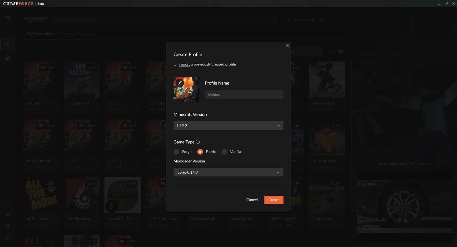 The Create Profile Window with all of the correct settings for the Origins mod (Image via CurseForge)