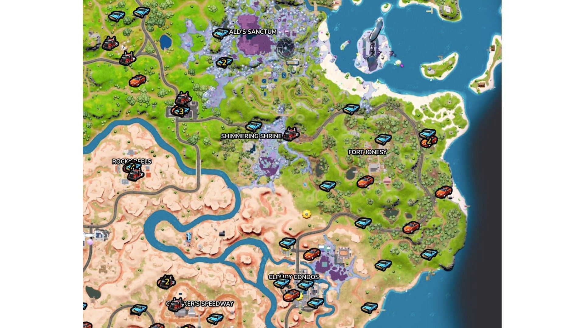Players can refer to this map to find different vehicles (Image via Fortnite.gg)