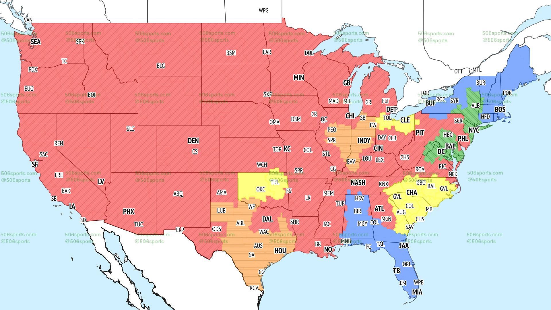 CBS early window coverage map. Photo via 506sports.com
