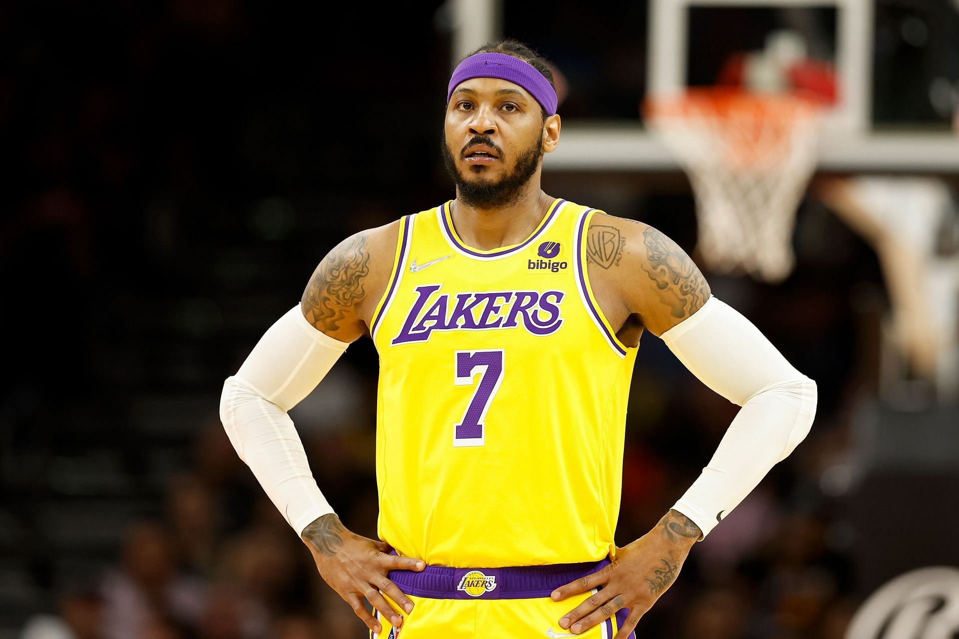 Carmelo Anthony looks on during a game.