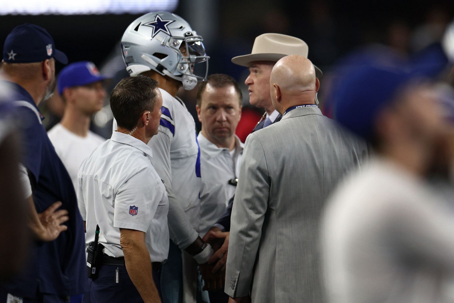 Dak Prescott (under helmet) during the Cowboys&#039; season-opening game