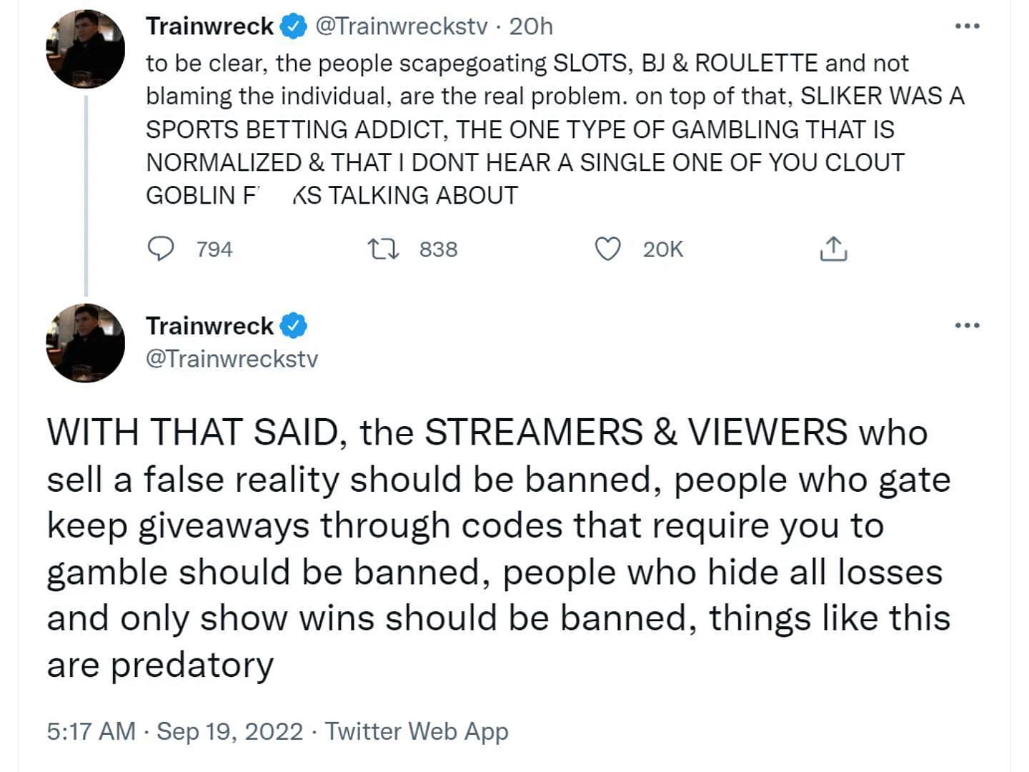 Trainwrecks&#039; tweet about the ItsSliker drama (Image via Twitter)