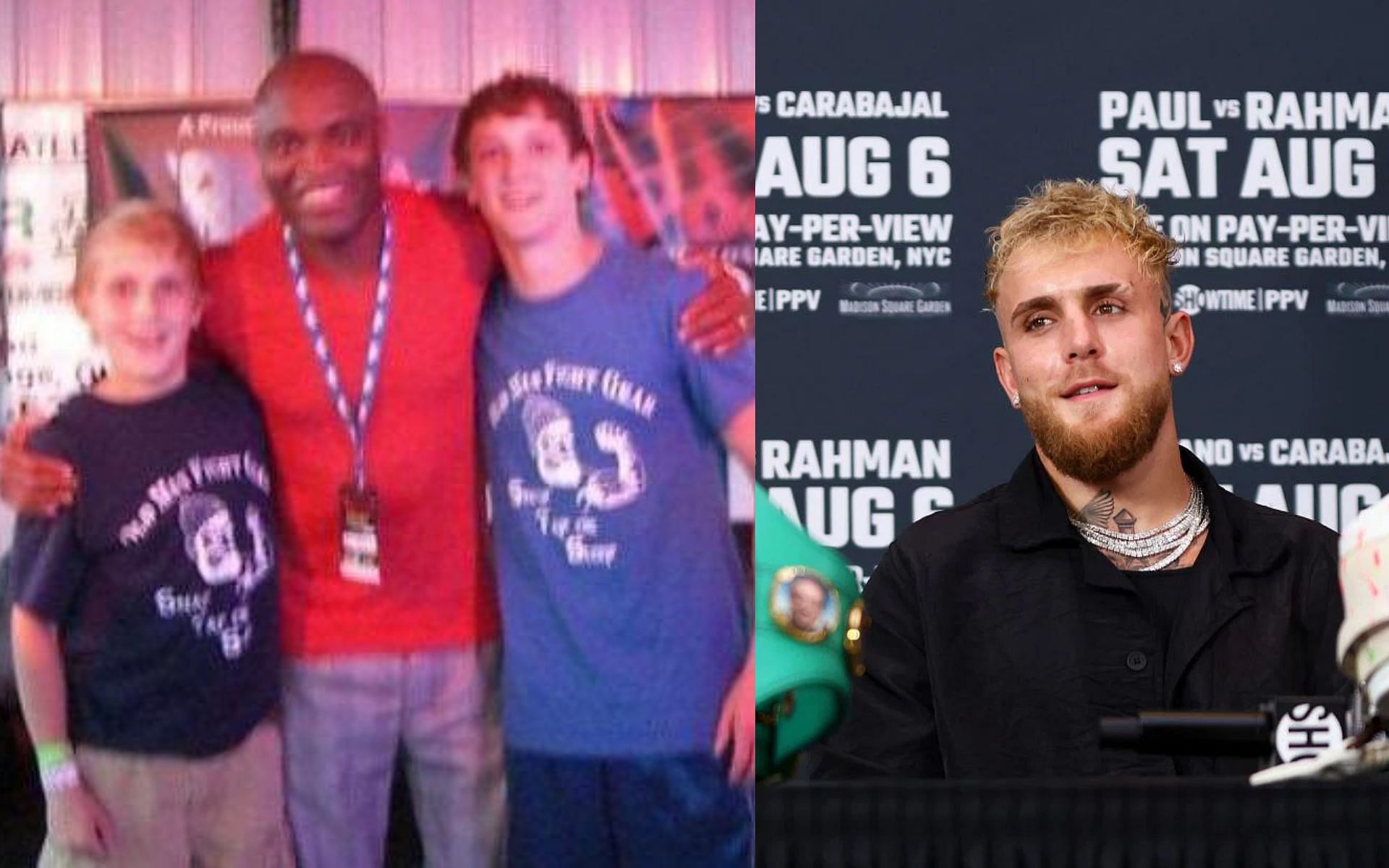 Jake Paul, Anderson Silva and Logan Paul (left)[Image courtesy: @twrecks155 on Twitter] and Jake Paul (right)