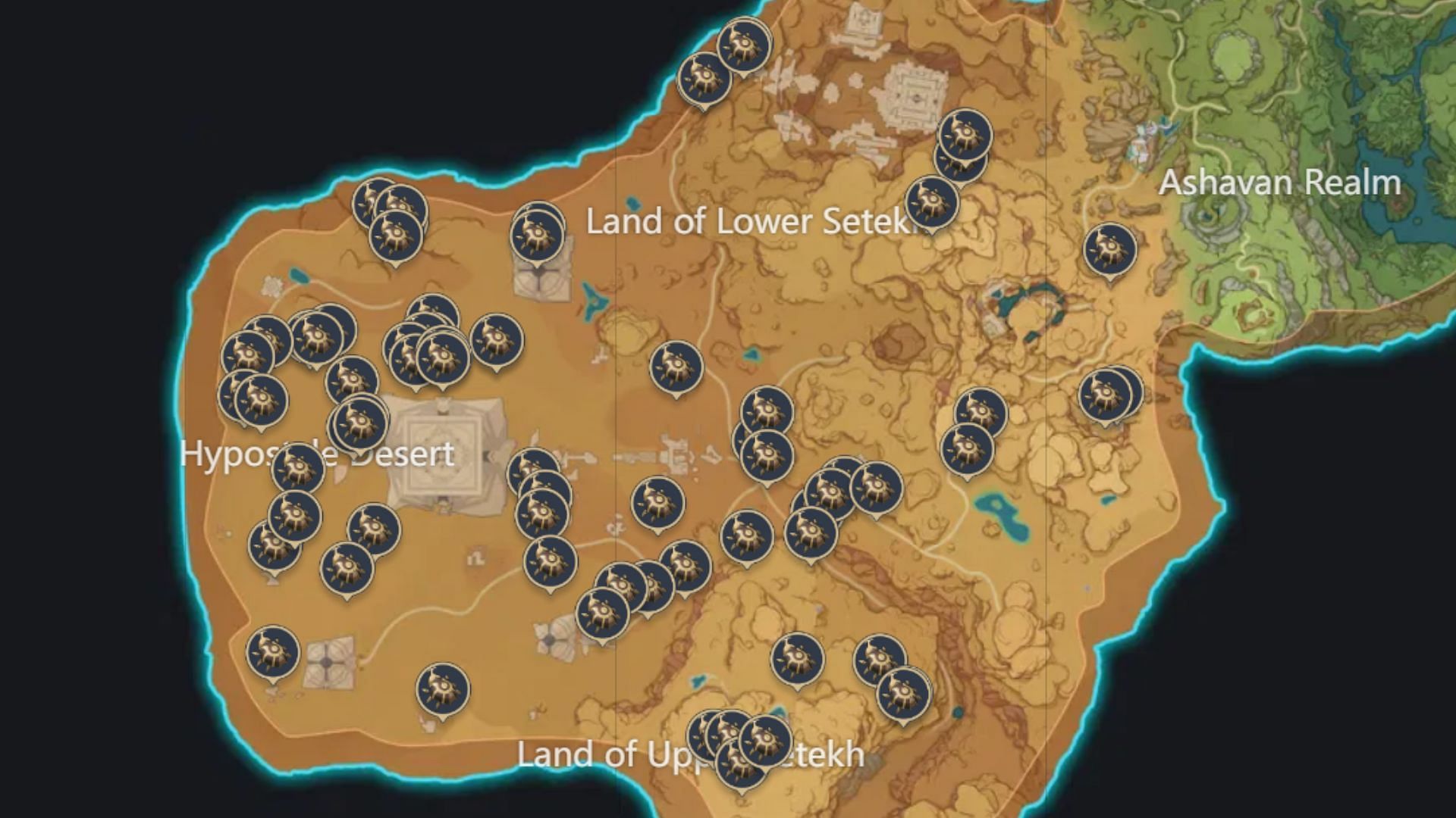 Location of all Scarab spawns in Sumeru&#039;s desert (Image via Genshin Impact)