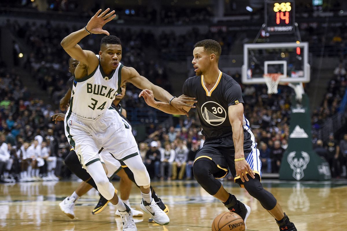 Steph Curry of the Golden State Warriors against Giannis Antetokounmpo of the Milwaukee Bucks