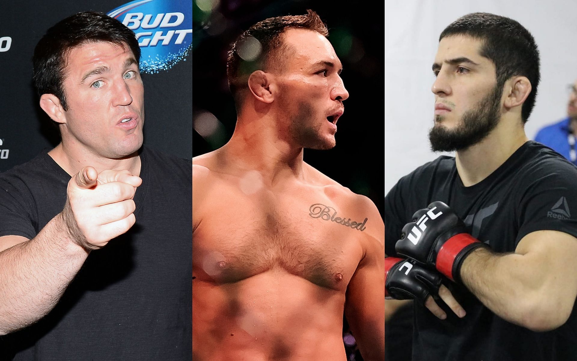 Chael Sonnen (left), Michael Chandler (middle), Islam Makhachev (right) [Image courtesy: Getty, @islam_makhachev on Instagram]