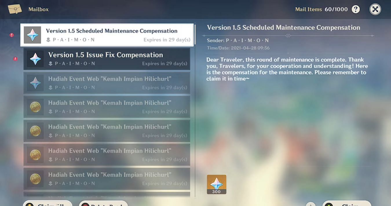 Compensation will be given through in-game mail (Image via HoYoverse)