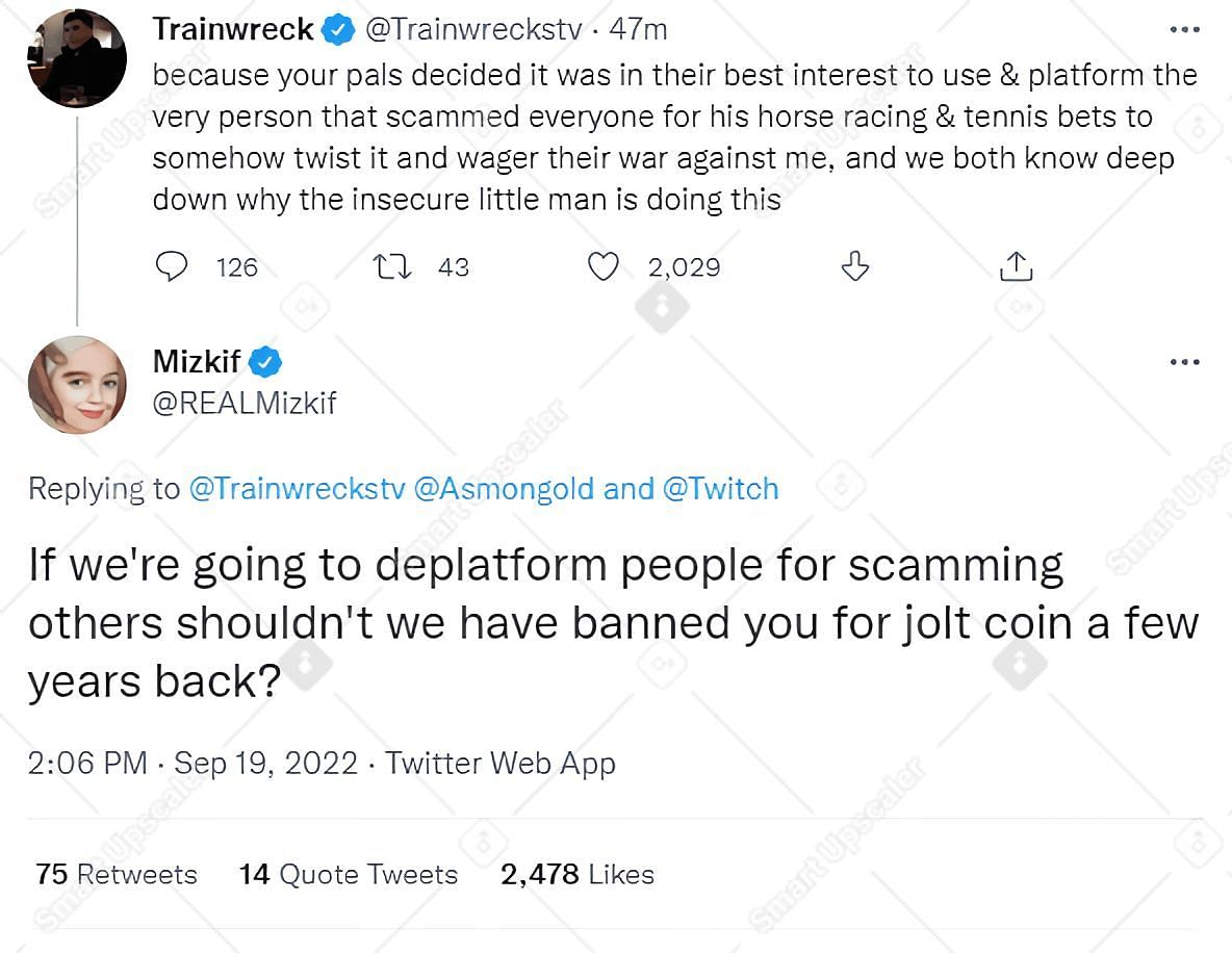 Miz&#039;s deleted tweet to TrainwrecksTV (image via Twitter)