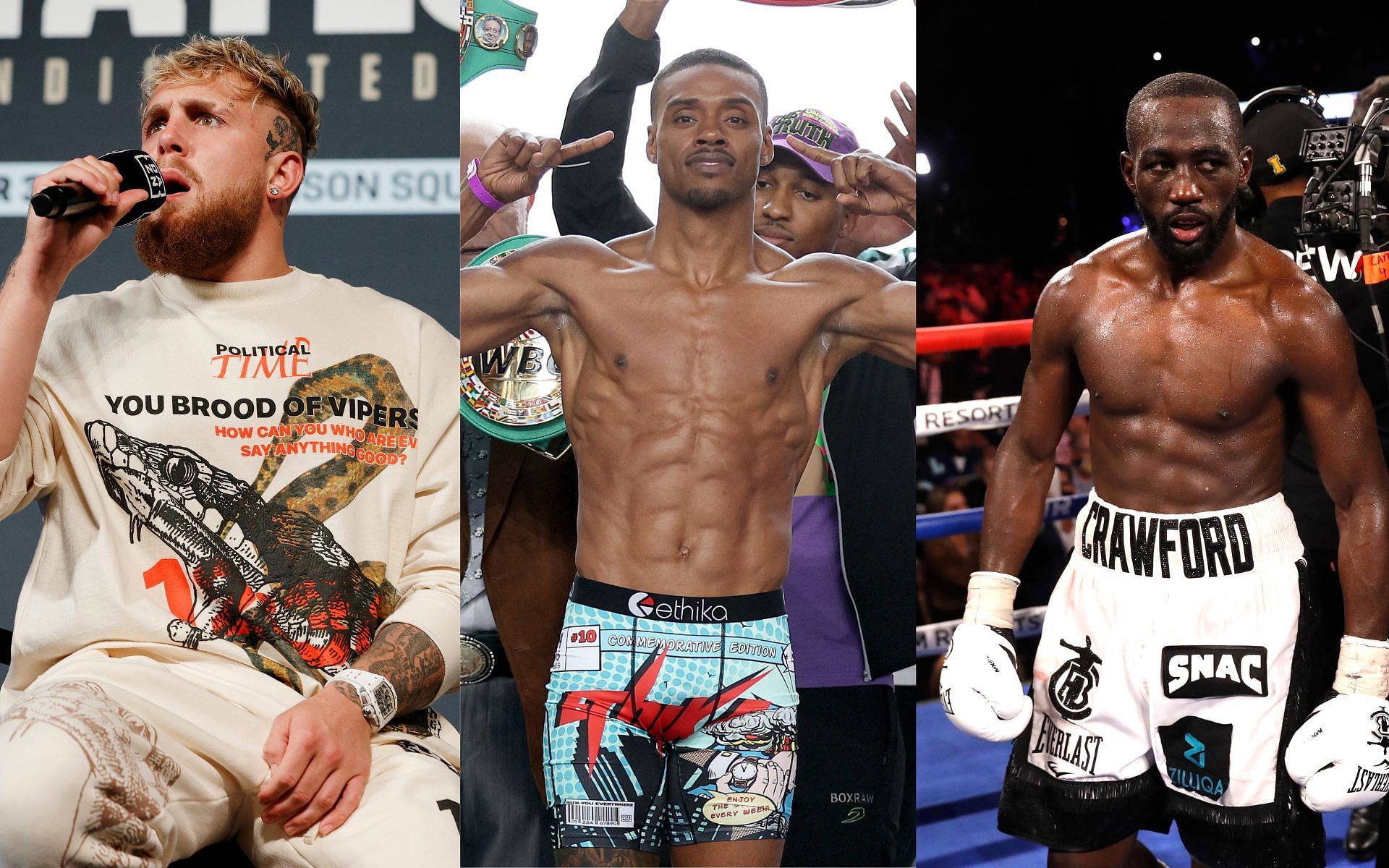 Jake Paul (left), Errol Spence Jr. (center), and Terence Crawford (right) (Image credits Getty Images)