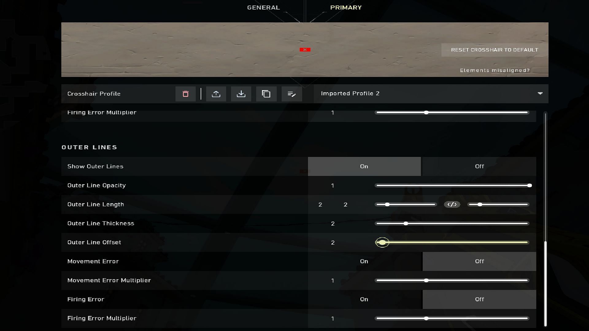 Outer Lines Crosshair settings (Imag via Riot Games)