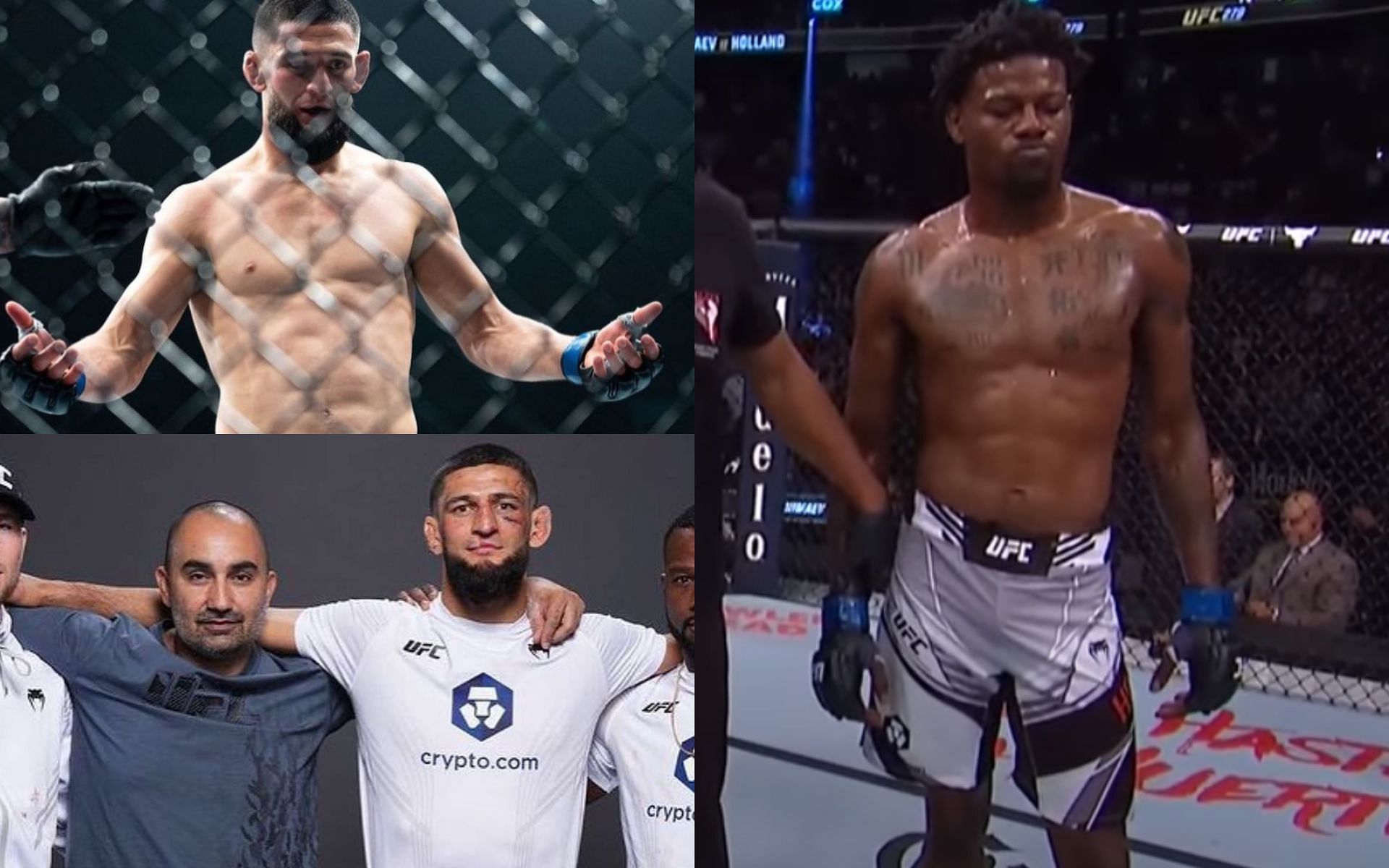 Khamzat Chimaev, (Top Left), Michael and Chimaev (Bottom Left), and Kevin Holland (Right) [Image courtesy: @andreasthegeneral Instagram and UFC YouTube channel]