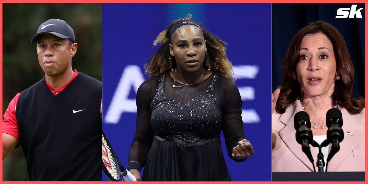 Tiger Woods (L), Serena Williams, and Kamala Harris (R)