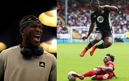 "Celebrating like it's the NFL" - KSI reacts to IShowSpeed's tackle on him 15 seconds into the Sidemen Charity match