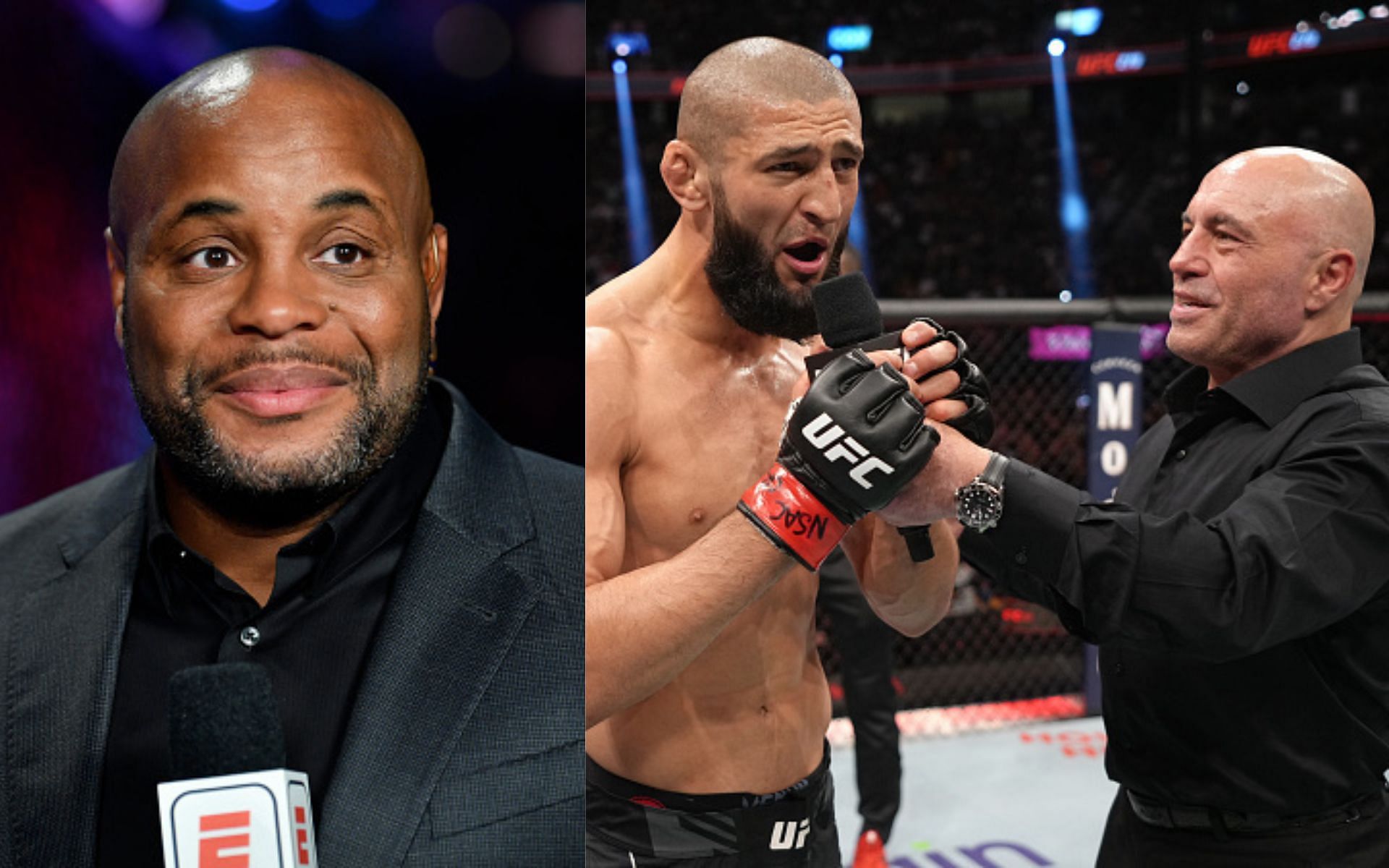 Daniel Cormier (left) and Joe Rogan interviewing Khamzat Chimaev (right)(Images via Getty)