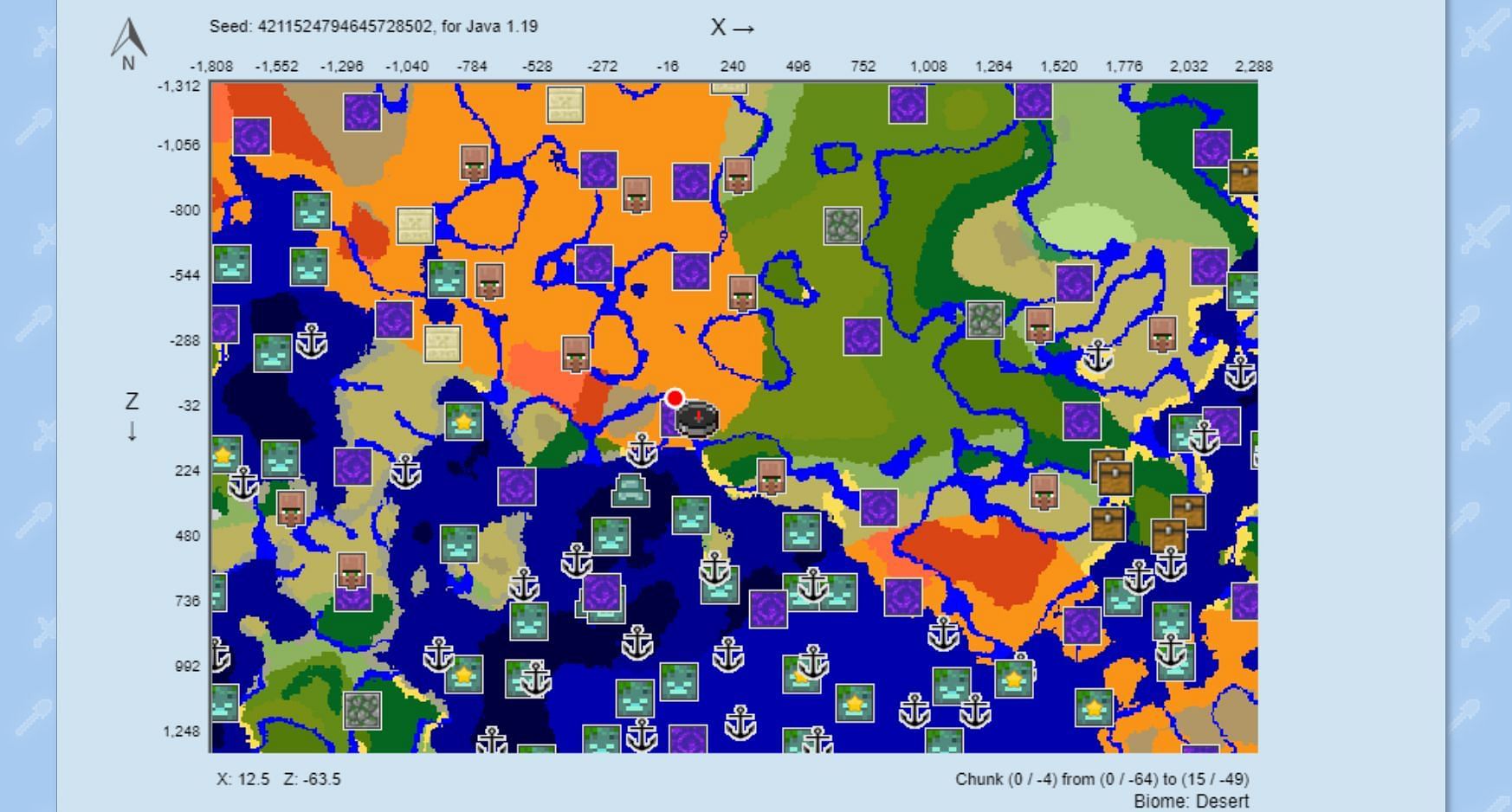 The chunk map based on the seed (Image via ChunkBase)