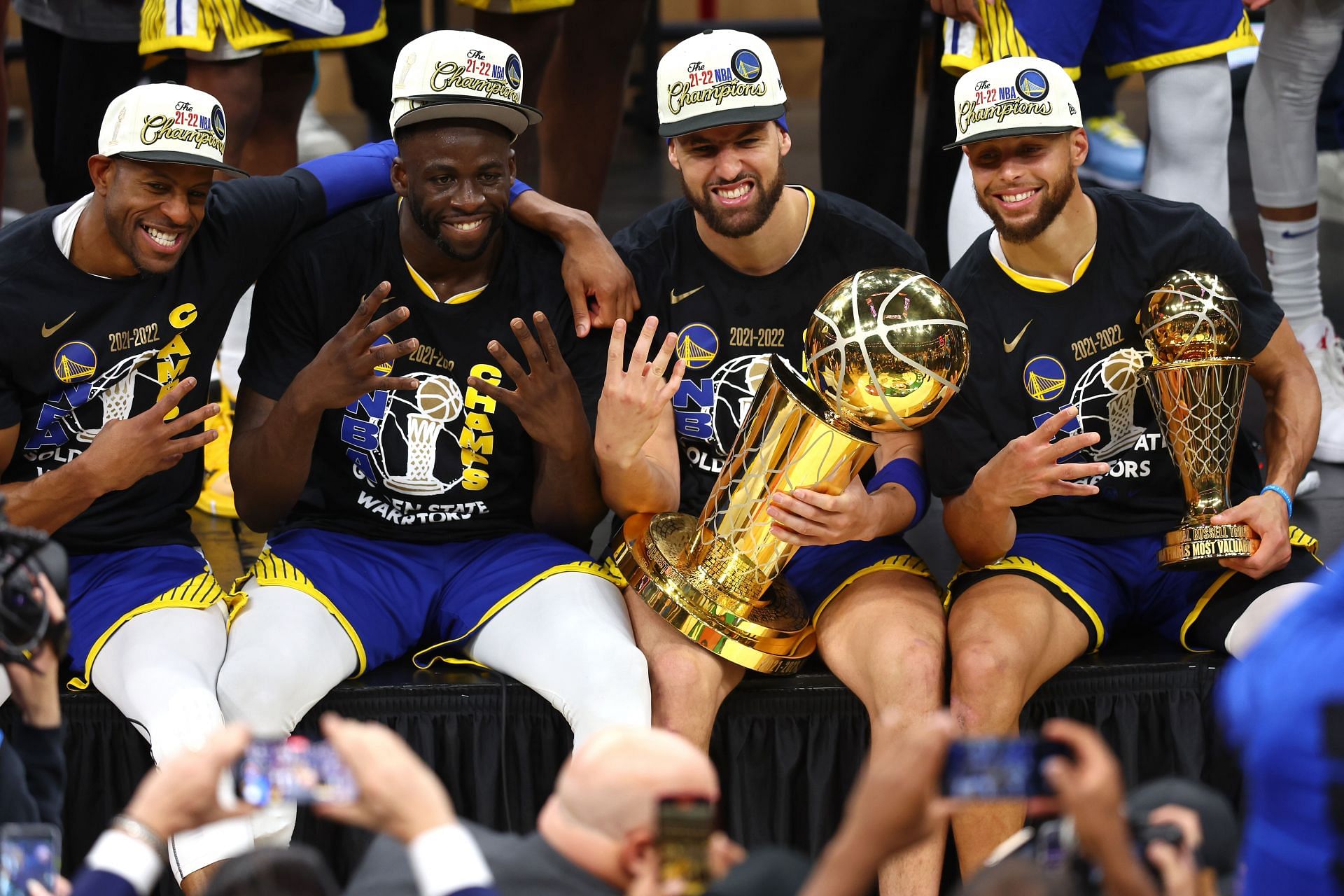 (L-R) Andre Iguodala, Draymond Green, Klay Thompson, and Stephen Curry of the Golden State Warriors