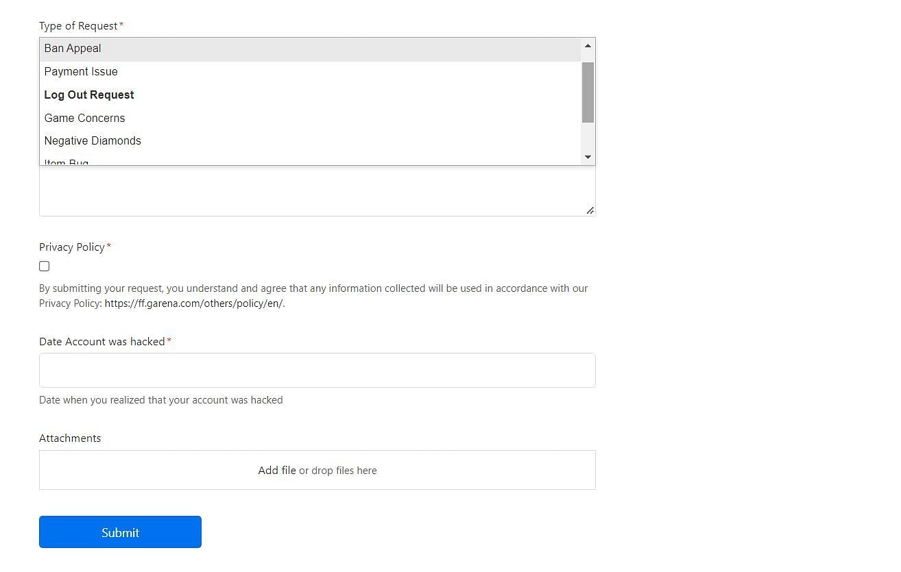 Types of requests that players can submit via the help center (Image via Garena)