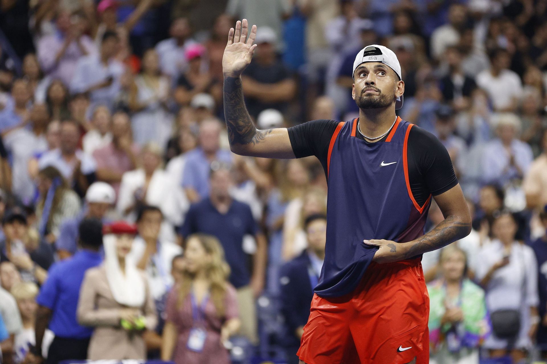 Nick Kyrgios of Australia celebrates a win against Daniil Medvedev at the 2022 US Open