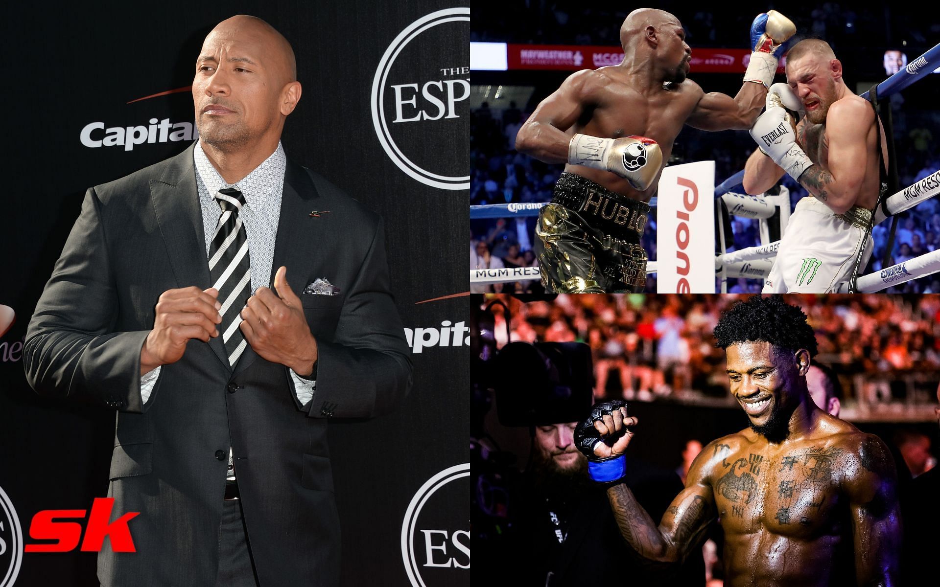 Dwayne Johnson (left), Conor McGregor vs. Floyd Mayweather (top right), Kevin Holland (bottom right)