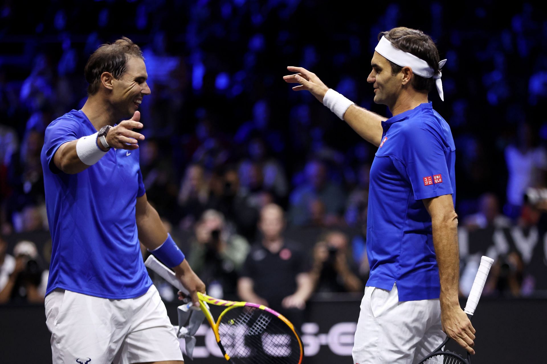 Rafael Nadal and Roger Federer during their doubles match at Laver Cup 2022
