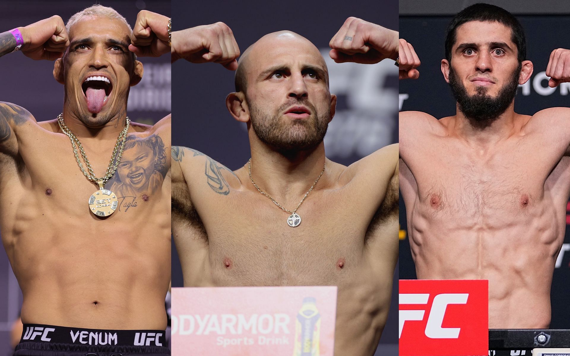 Charles Oliveira (left), Alexander Volkanovski (center), and Islam Makhachev (right). [Images courtesy: all images from Getty Images]